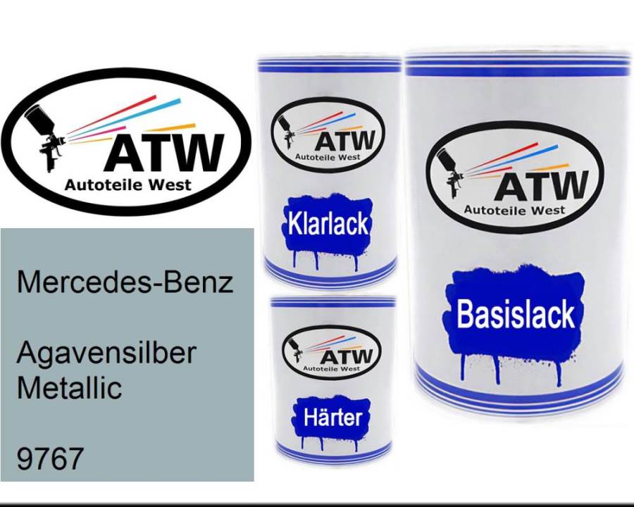 Mercedes-Benz, Agavensilber Metallic, 9767: 500ml Lackdose + 500ml Klarlack + 250ml Härter - Set, von ATW Autoteile West.